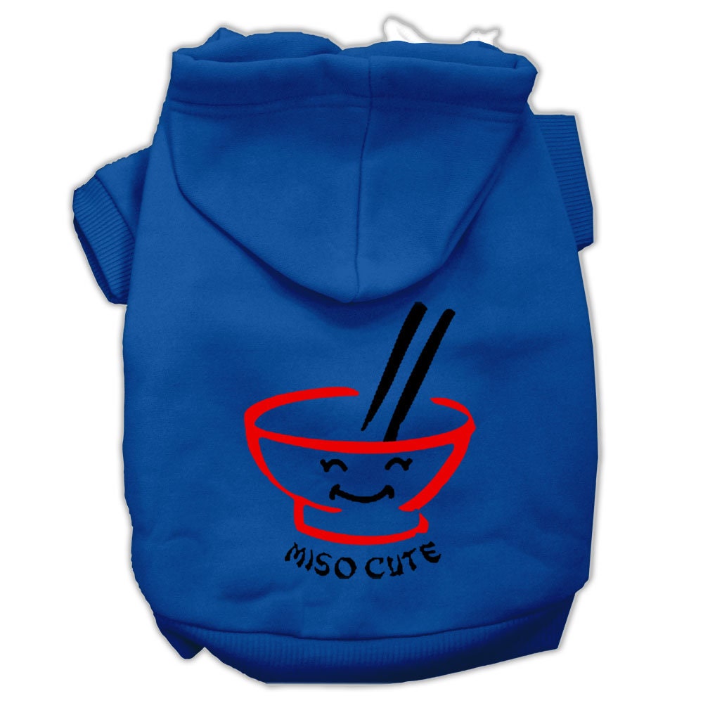 Blue pet hoodie with hood and front ramen graphic with Miso Cute text