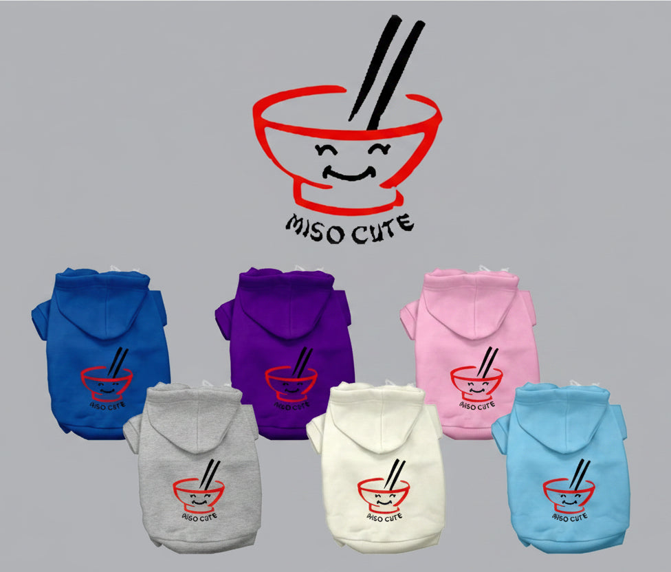 Pet hoodie color options, each with ramen graphic and Miso Cute text on the front