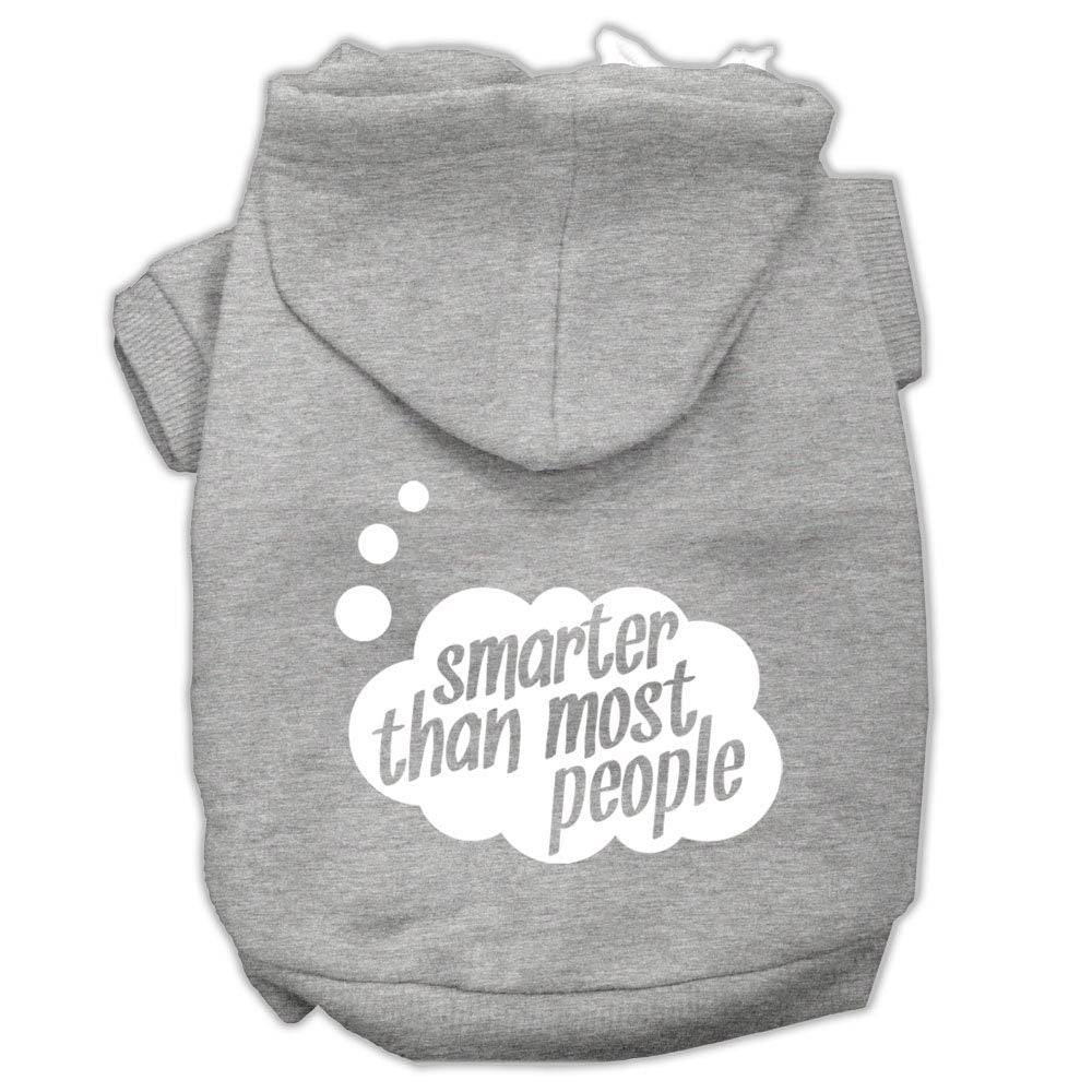 Gray pet hoodie with back hood and white "smarter than most people" logo print