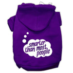 Purple pet hoodie with back hood and white "smarter than most people" logo print