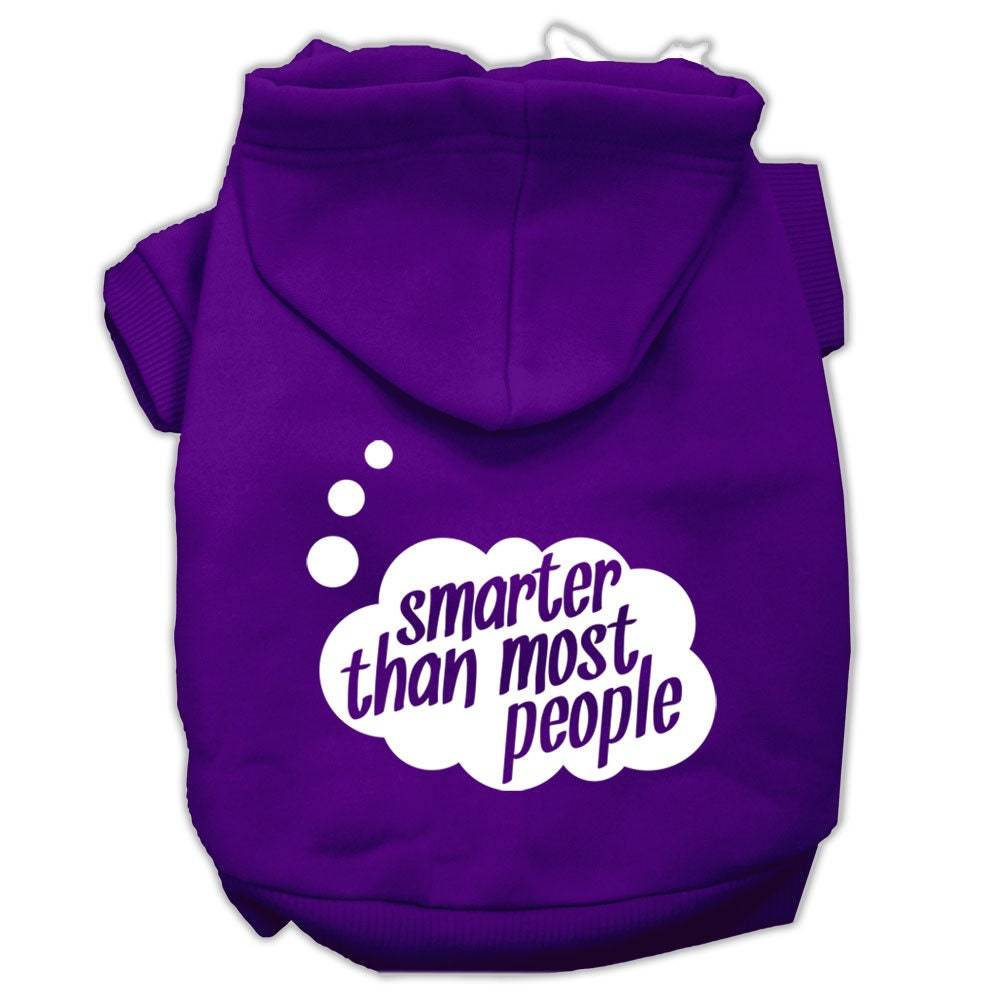 Purple pet hoodie with back hood and white "smarter than most people" logo print