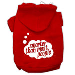 Red pet hoodie with back hood and white "smarter than most people" logo print