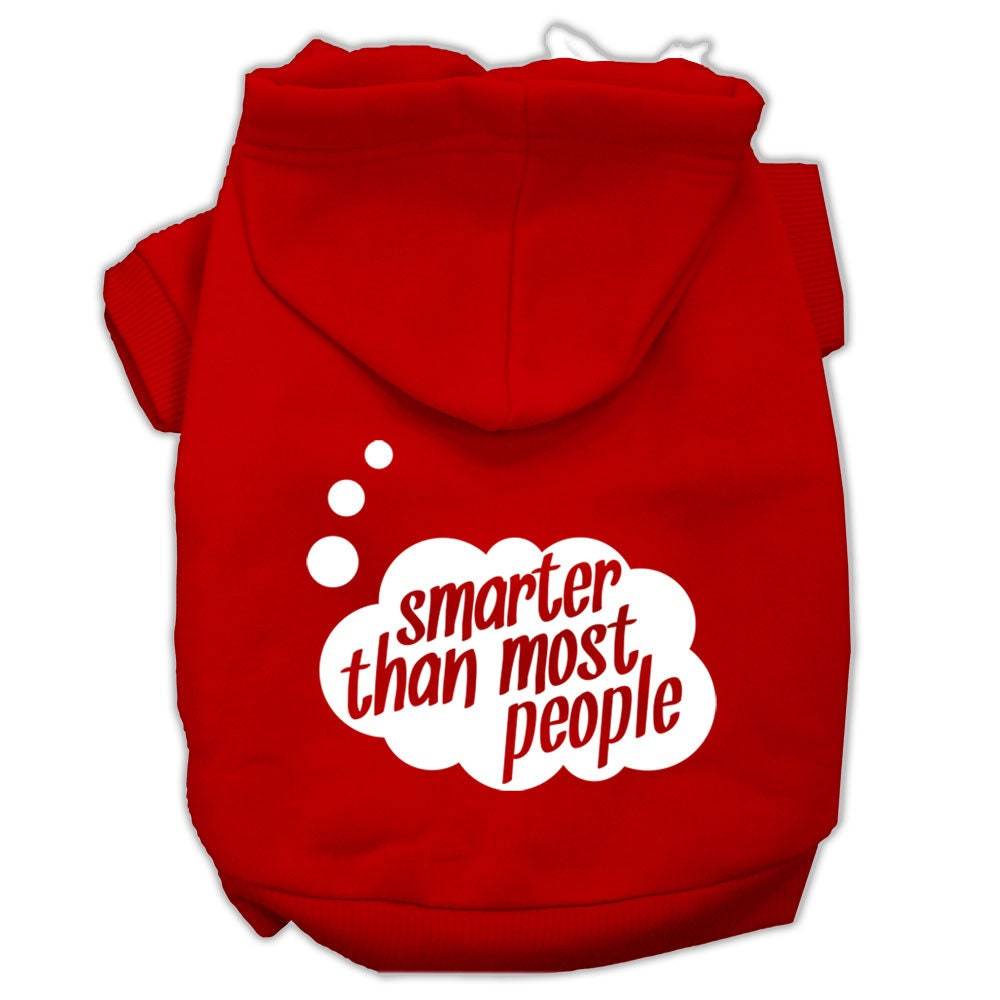 Red pet hoodie with back hood and white "smarter than most people" logo print