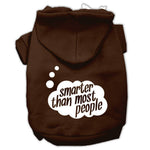Brown pet hoodie with back hood and white "smarter than most people" logo print