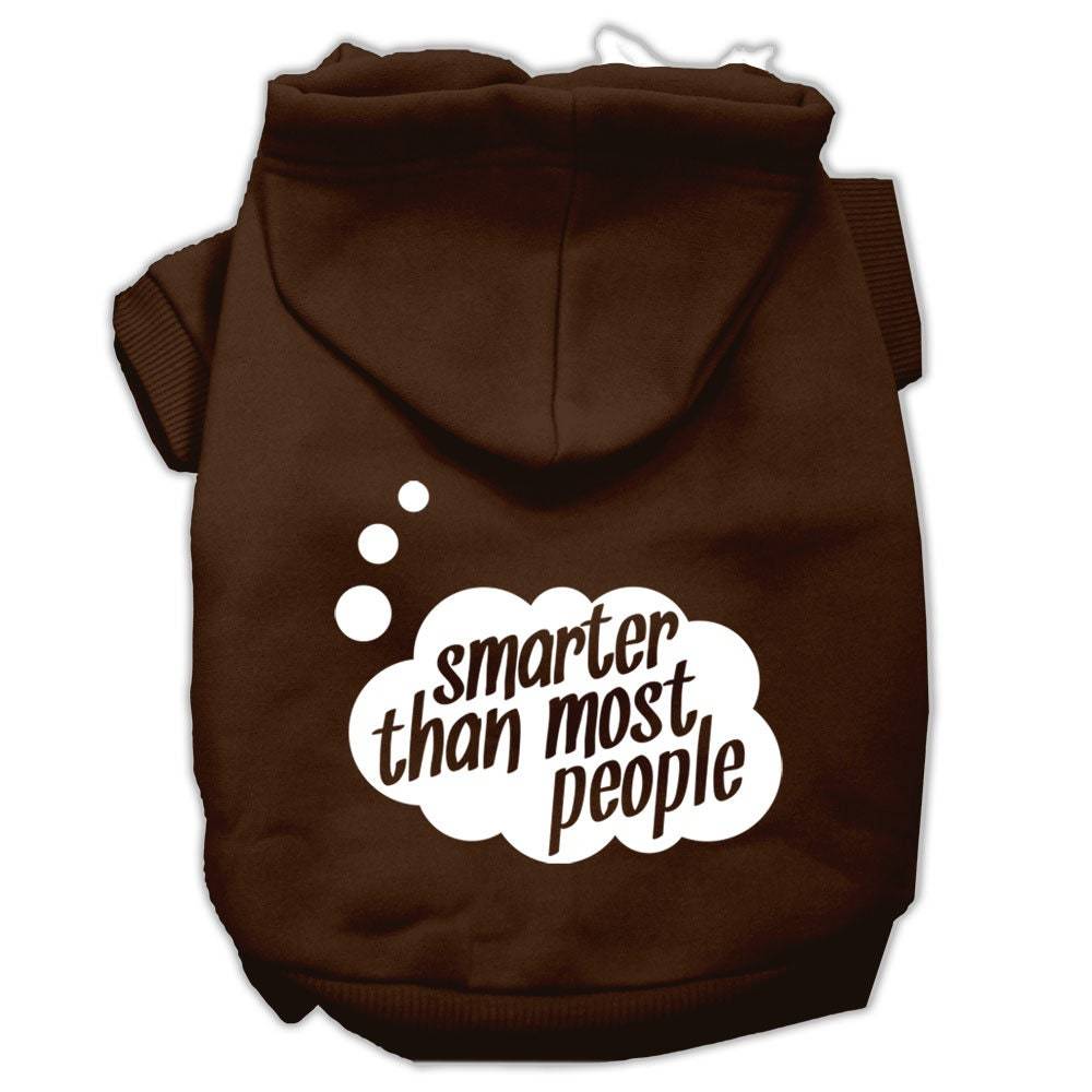 Brown pet hoodie with back hood and white "smarter than most people" logo print