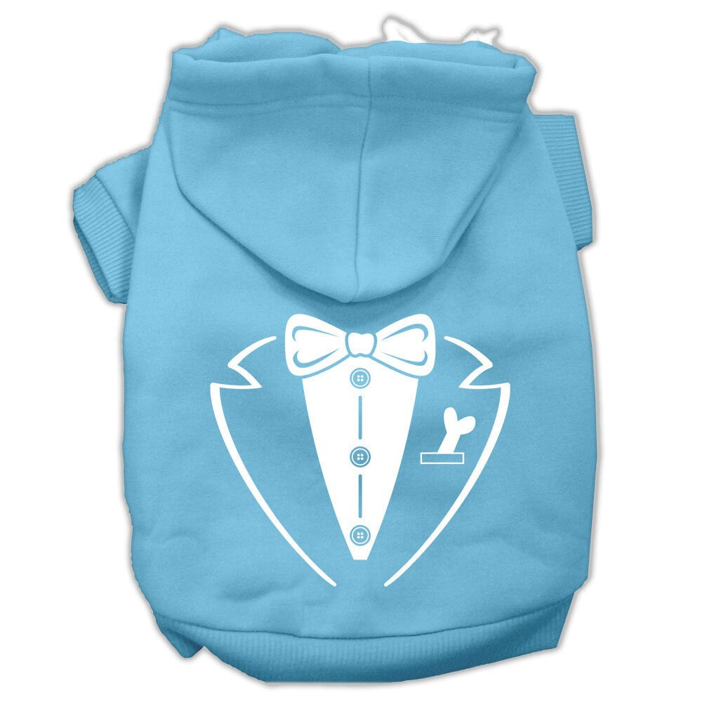 Light blue pet hoodie with tuxedo-style bow and vest graphic, front zipper and hood