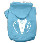 Light blue pet hoodie with tuxedo-style bow and vest graphic, front zipper and hood