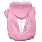 Light pink pet hoodie with tuxedo-style bow and vest graphic, front zipper and hood
