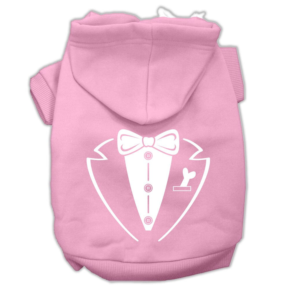 Light pink pet hoodie with tuxedo-style bow and vest graphic, front zipper and hood