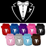 Assorted color pet hoodies with tuxedo bow and vest graphic, front view