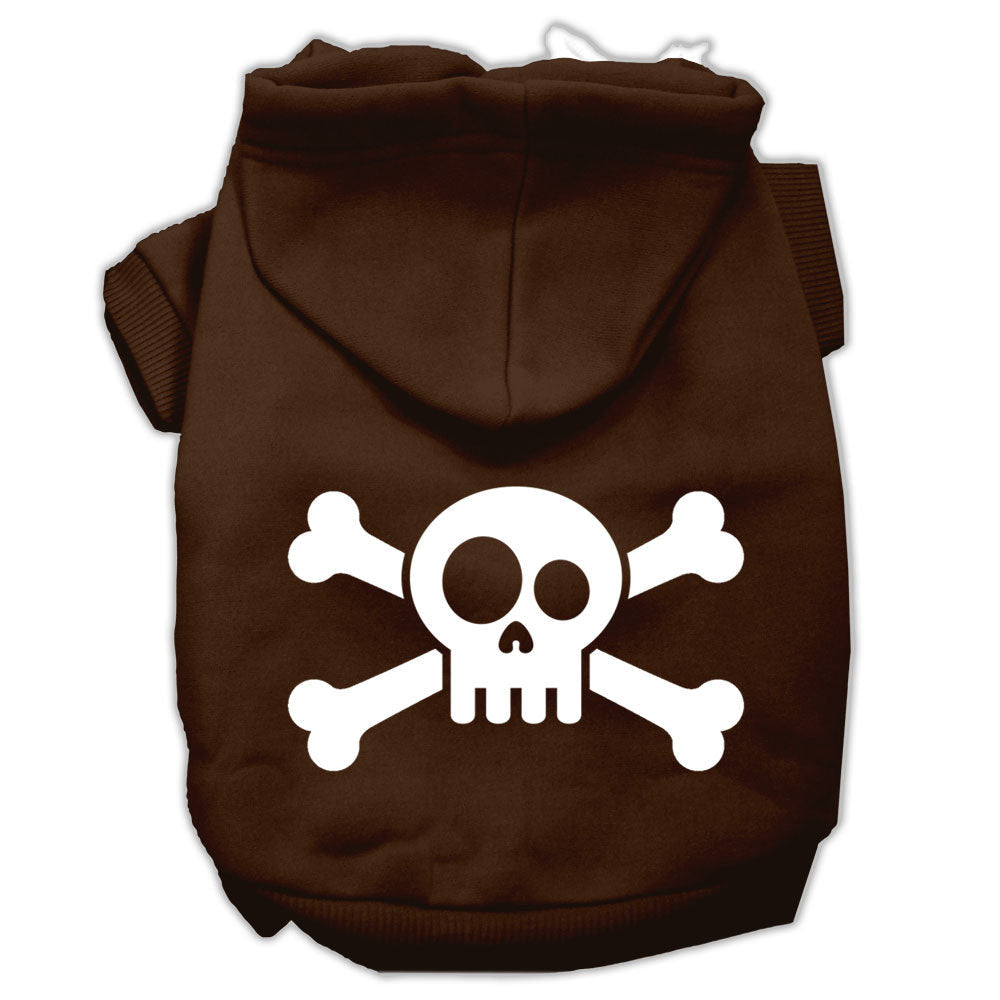 Brown pet hoodie with white skull-and-crossbones graphic, front hood and front opening