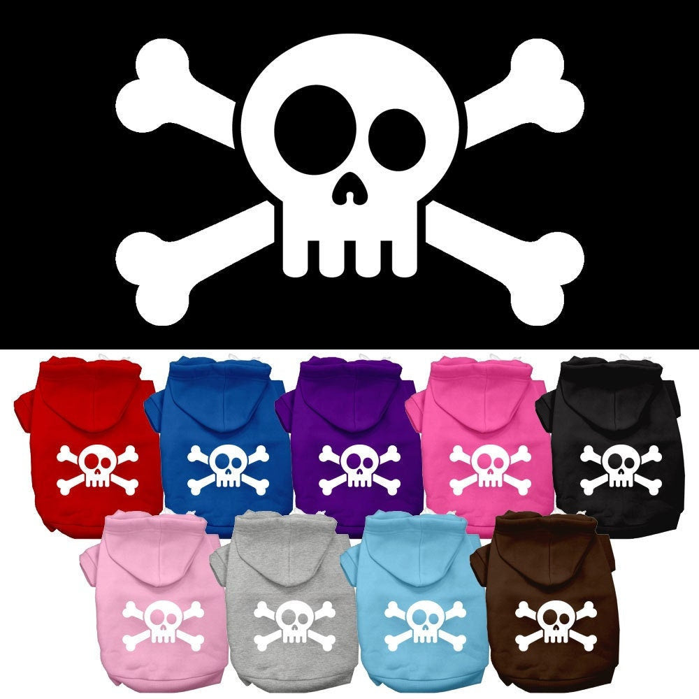 Pet hoodie assortment in multiple colors with white skull-and-crossbones graphic