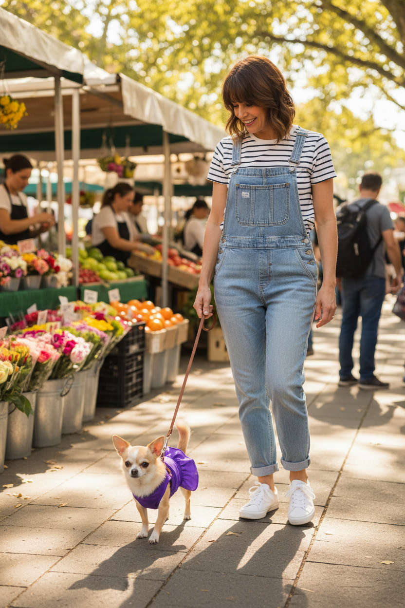 Purple pet dress with over-the-neck straps and gathered skirt on small dog