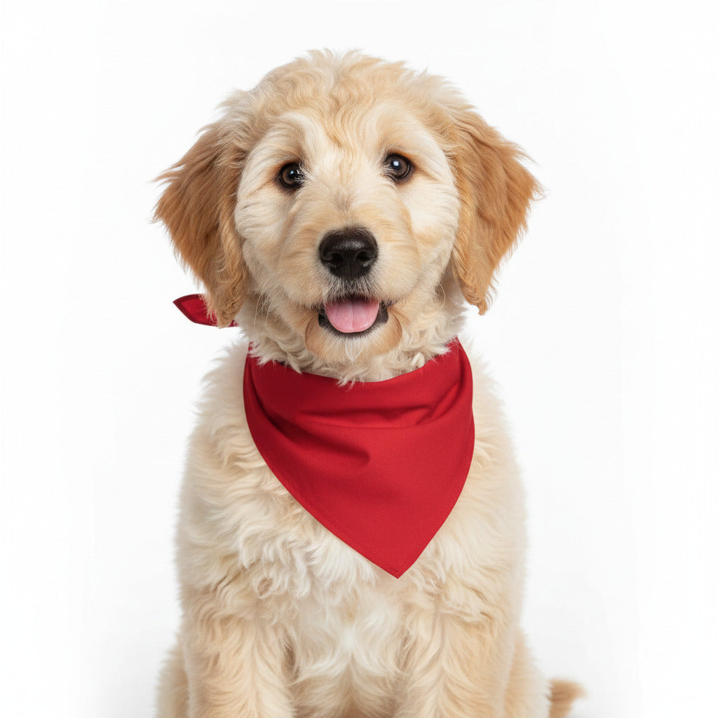 Cream dog wearing a red triangular pet bandana bib