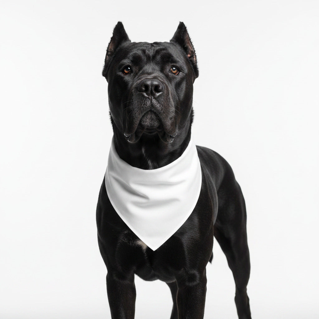 Black dog wearing a white triangular pet bandana bib