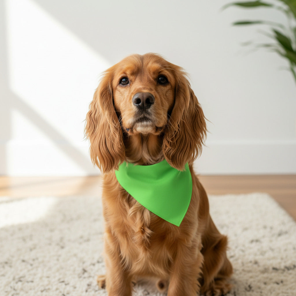 Tan dog wearing a bright green triangular pet bandana bib