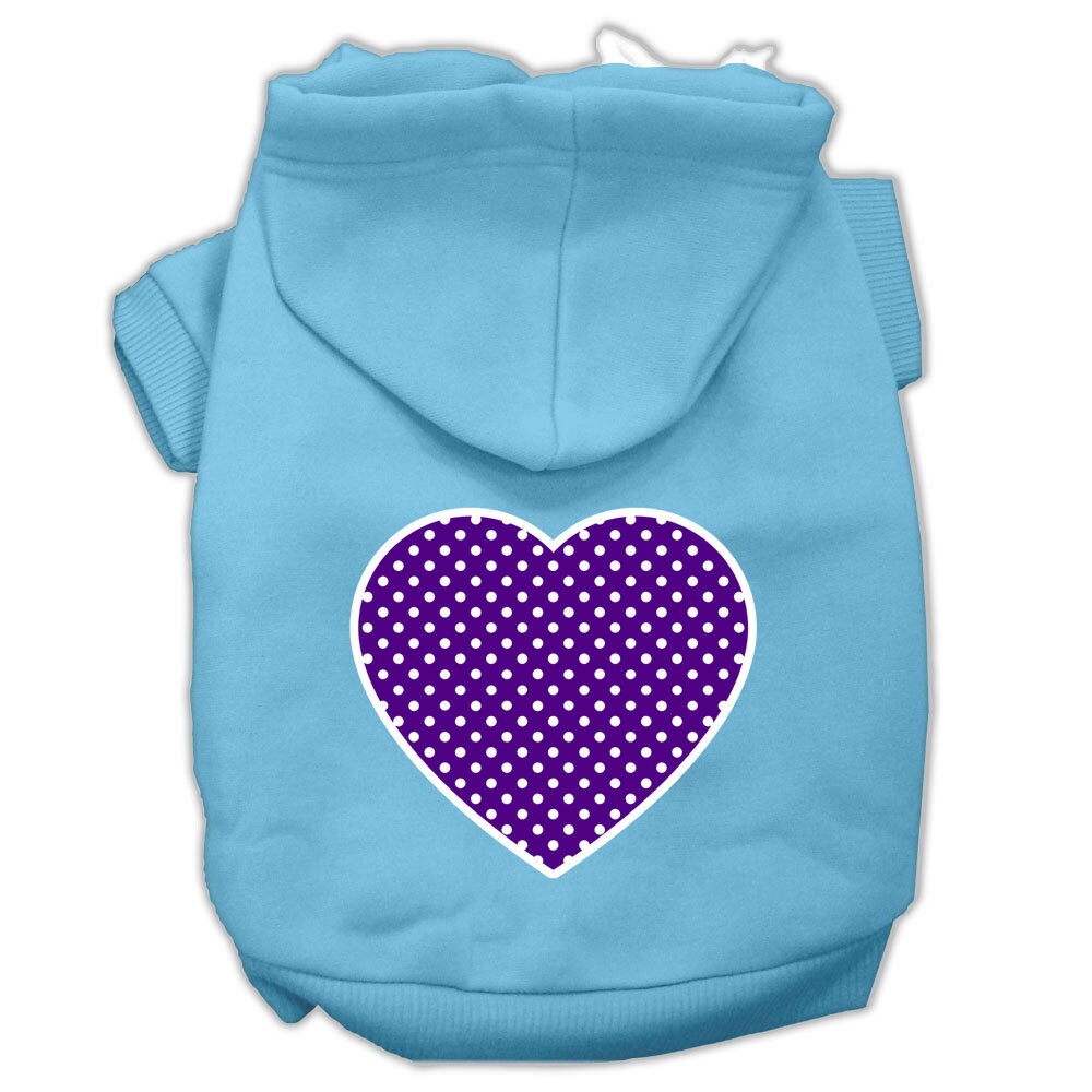 Baby blue pet hoodie with purple dotted heart graphic on the back