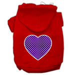 Red pet hoodie with purple dotted heart graphic on the back