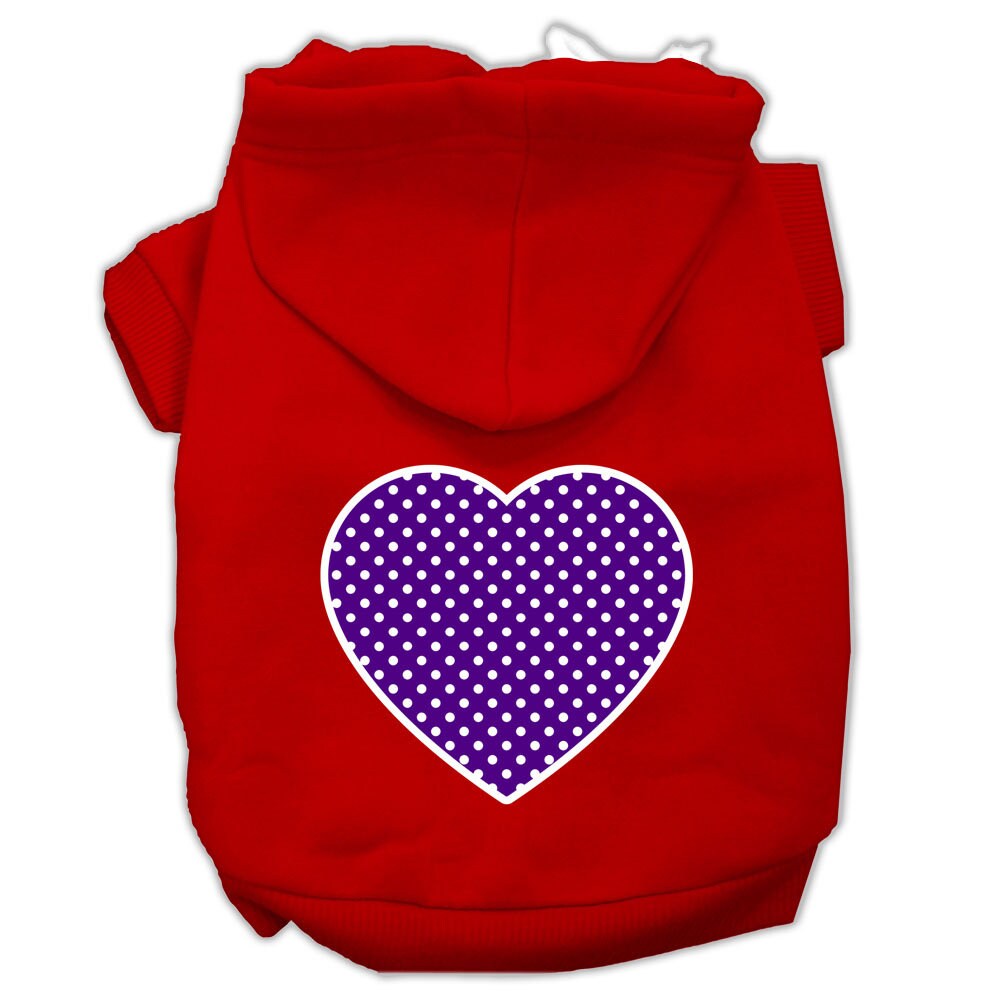 Red pet hoodie with purple dotted heart graphic on the back