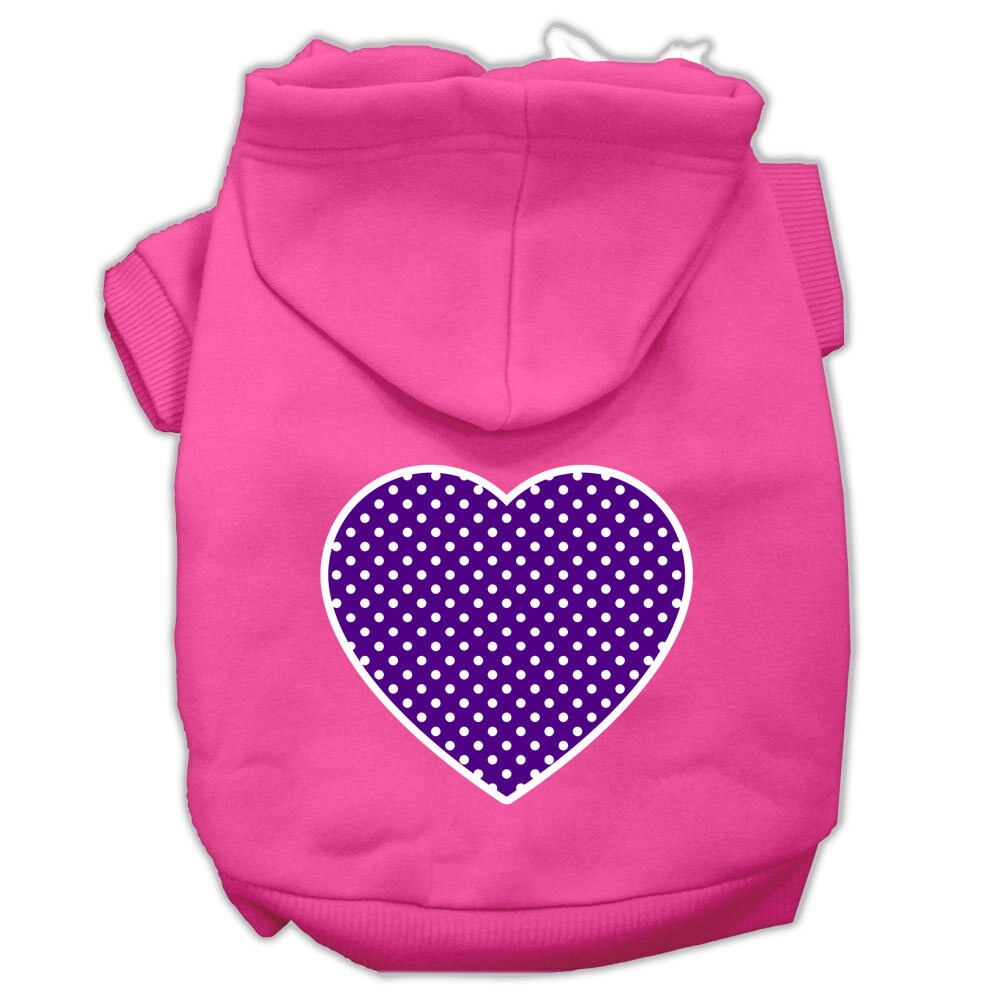 Bright pink pet hoodie with purple dotted heart graphic on the back