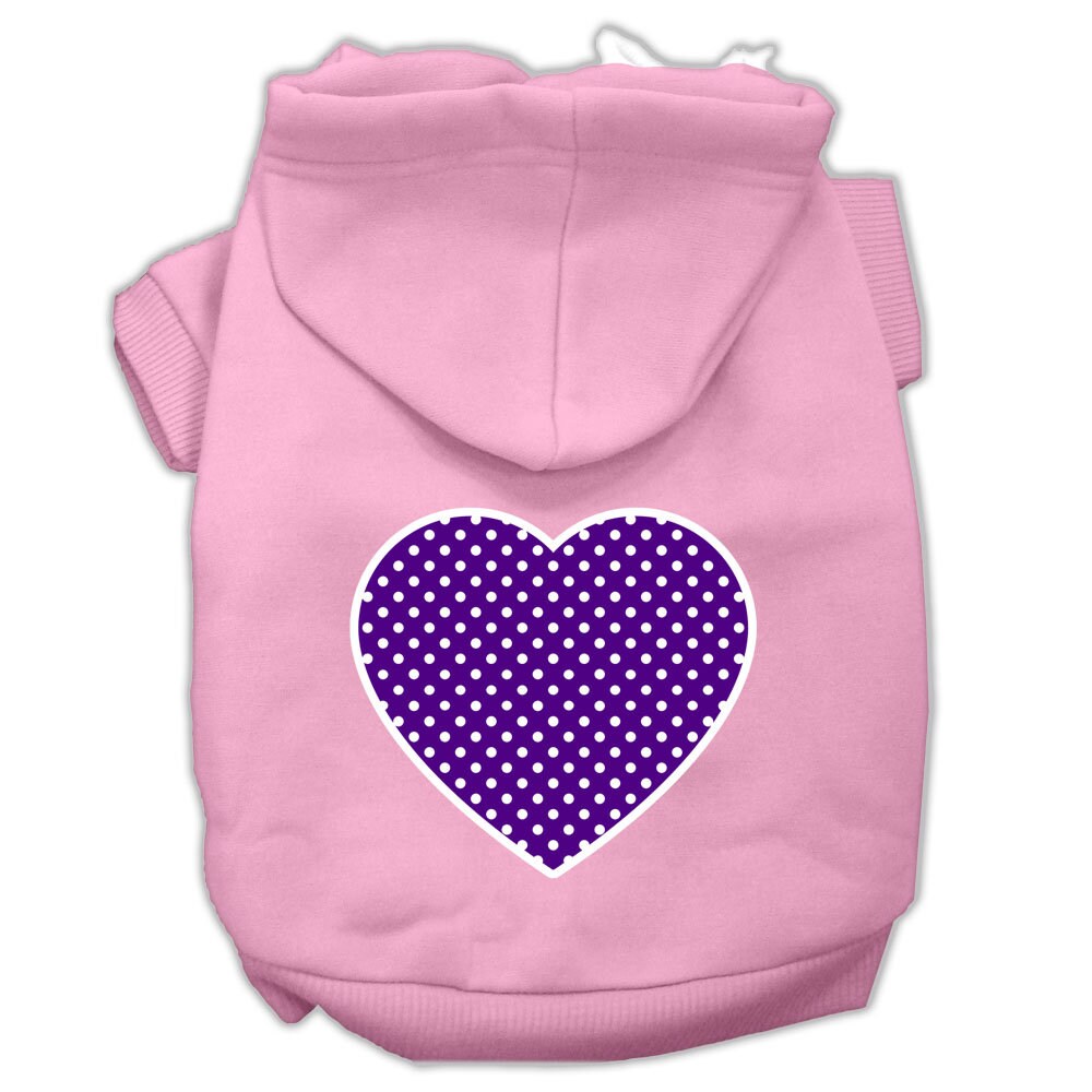 Light pink pet hoodie with purple dotted heart graphic on the back