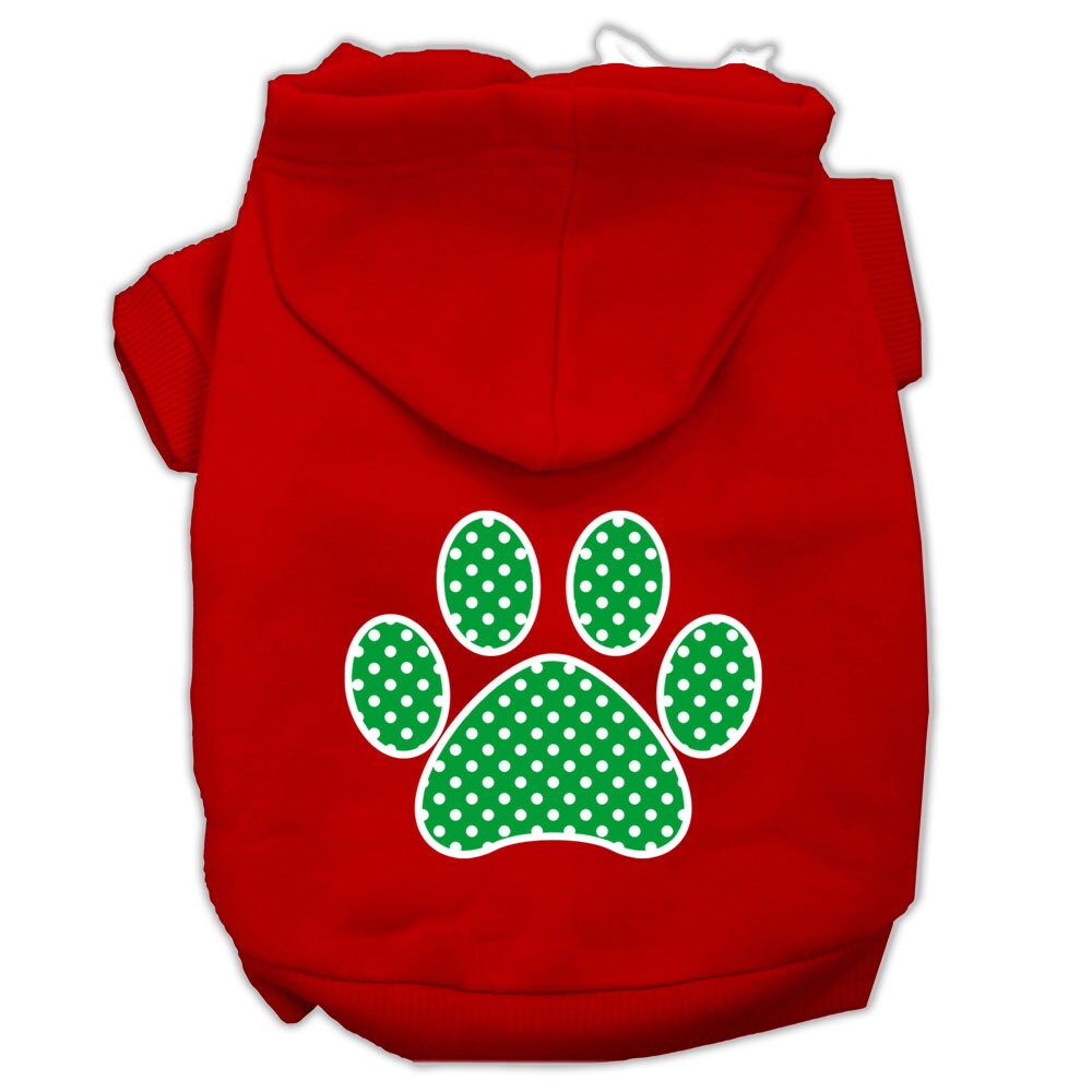 Red pet hoodie with green polka-dot paw print on back and hood