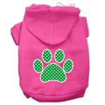 Pink pet hoodie with green polka-dot paw print on back and hood