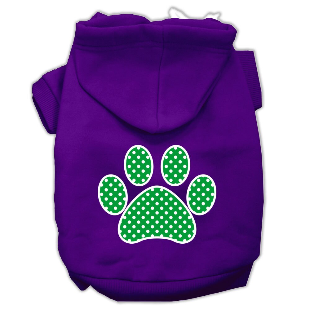 Purple pet hoodie with green polka-dot paw print on back and hood