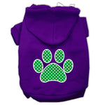 Purple pet hoodie with green polka-dot paw print on back and hood