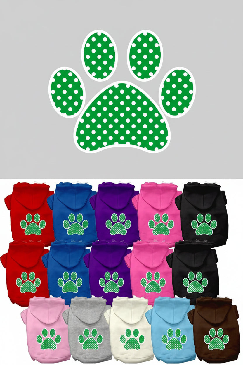 Pet hoodie set in assorted colors with green polka-dot paw print front
