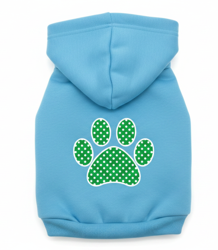 Pet hoodie in light blue with green polka-dot paw print applique, front view