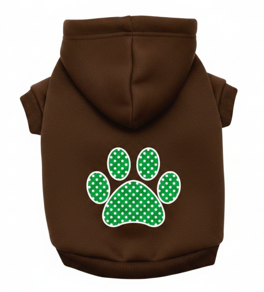 Pet hoodie in brown with green polka-dot paw print applique, back view