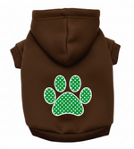 Pet hoodie in brown with green polka-dot paw print applique, back view