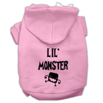 Light pink pet hoodie with 'Lil' Monster' screen print and front hood