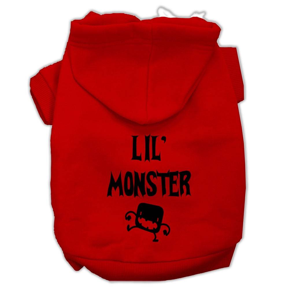 Red pet hoodie with 'Lil' Monster' screen print and front hood