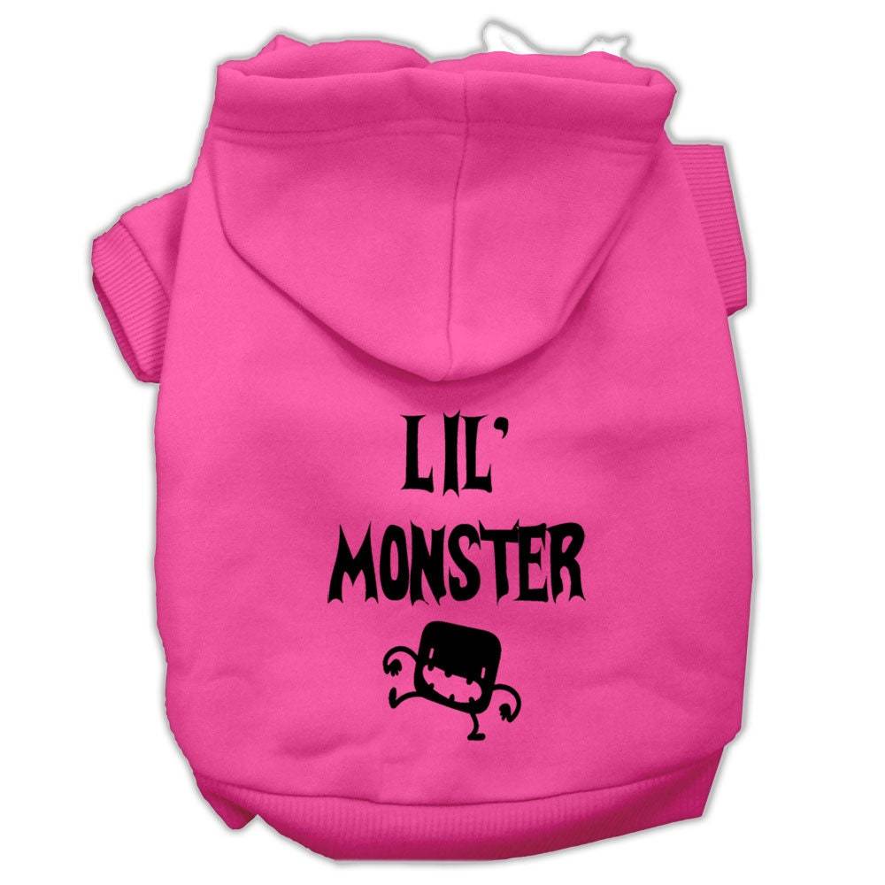 Bright pink pet hoodie with 'Lil' Monster' screen print and front hood