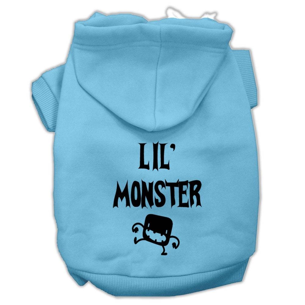 Baby blue pet hoodie with 'Lil' Monster' screen print and front hood