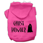 Pet Halloween hoodie with light pink hood and 'Ghost Hunter' ghost graphic