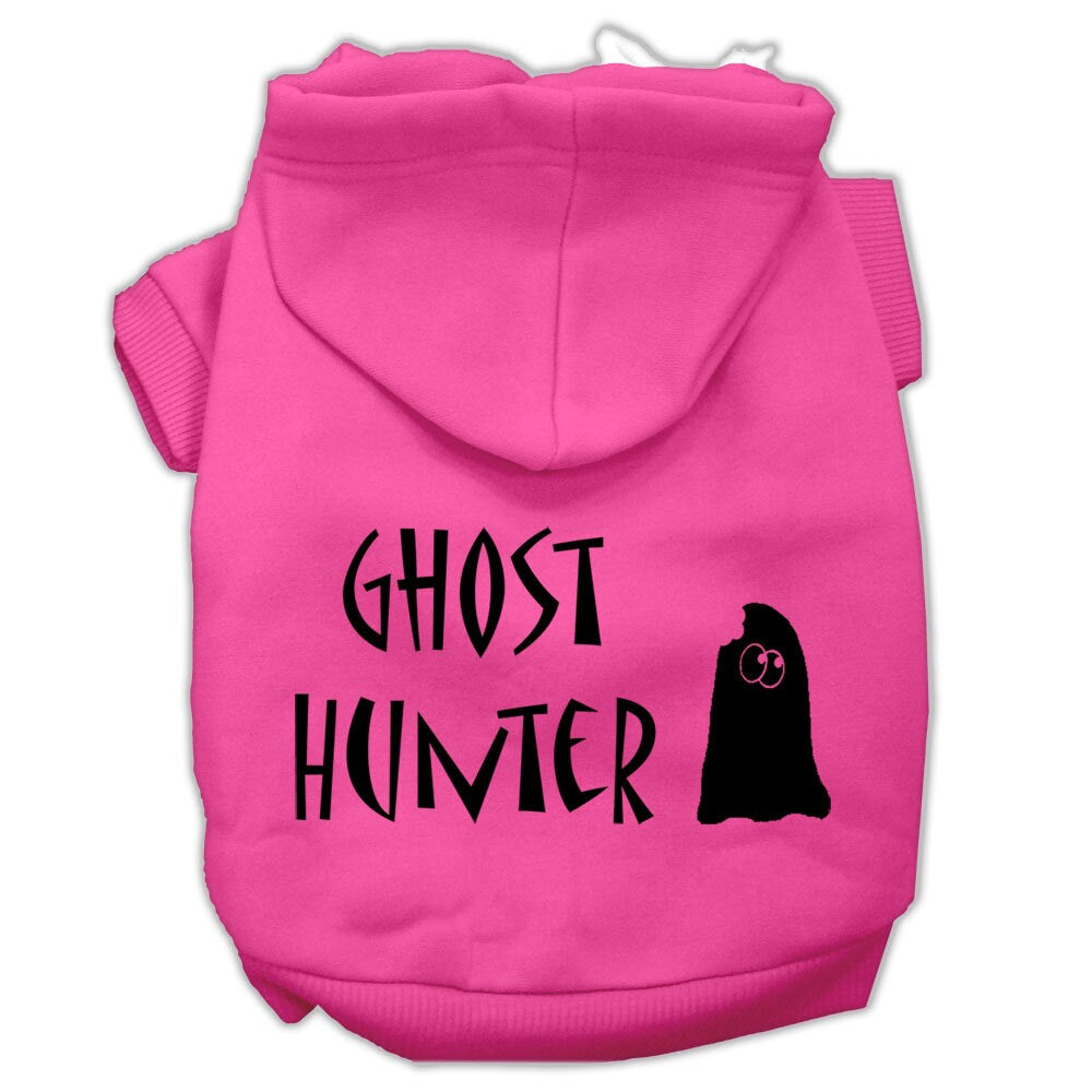Pet Halloween hoodie with light pink hood and 'Ghost Hunter' ghost graphic