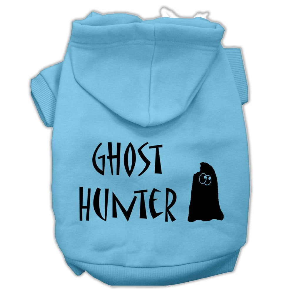 Pet Halloween hoodie with gray hood and 'Ghost Hunter' ghost graphic