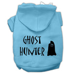 Pet Halloween hoodie with gray hood and 'Ghost Hunter' ghost graphic
