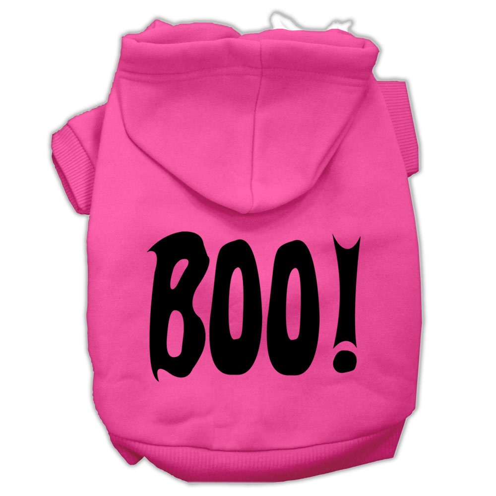 Bright pink pet hoodie with black 'BOO!' screen print, front pocket, and hood.