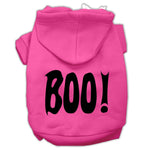 Bright pink pet hoodie with black 'BOO!' screen print, front pocket, and hood.