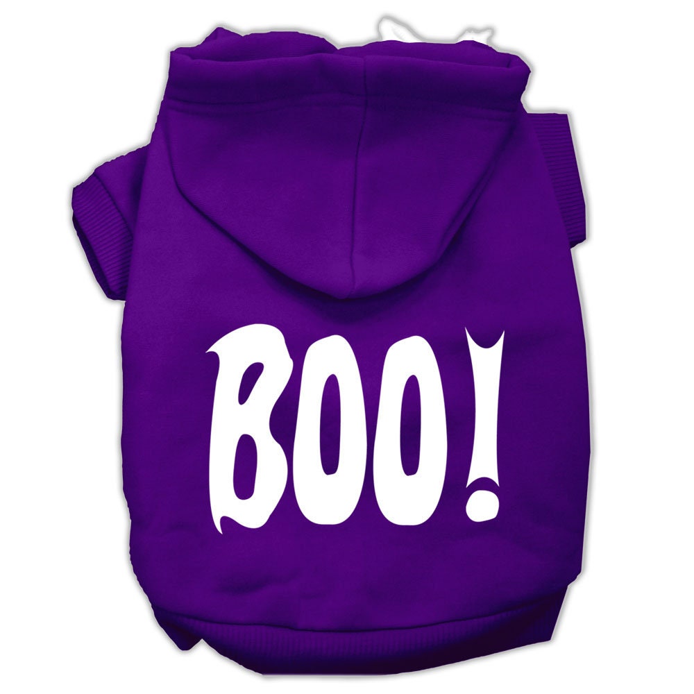 Purple pet hoodie with white 'BOO!' screen print, front pocket, and hood.