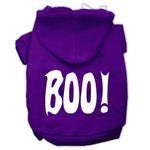 Purple pet hoodie with white 'BOO!' screen print, front pocket, and hood.