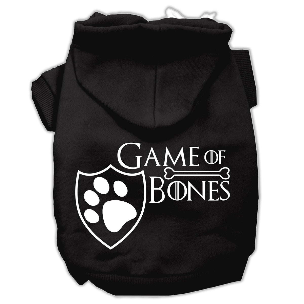 Black pet hoodie with Game of Bones paw shield logo graphic on chest.