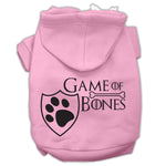 Light pink pet hoodie with Game of Bones paw shield logo graphic on chest.