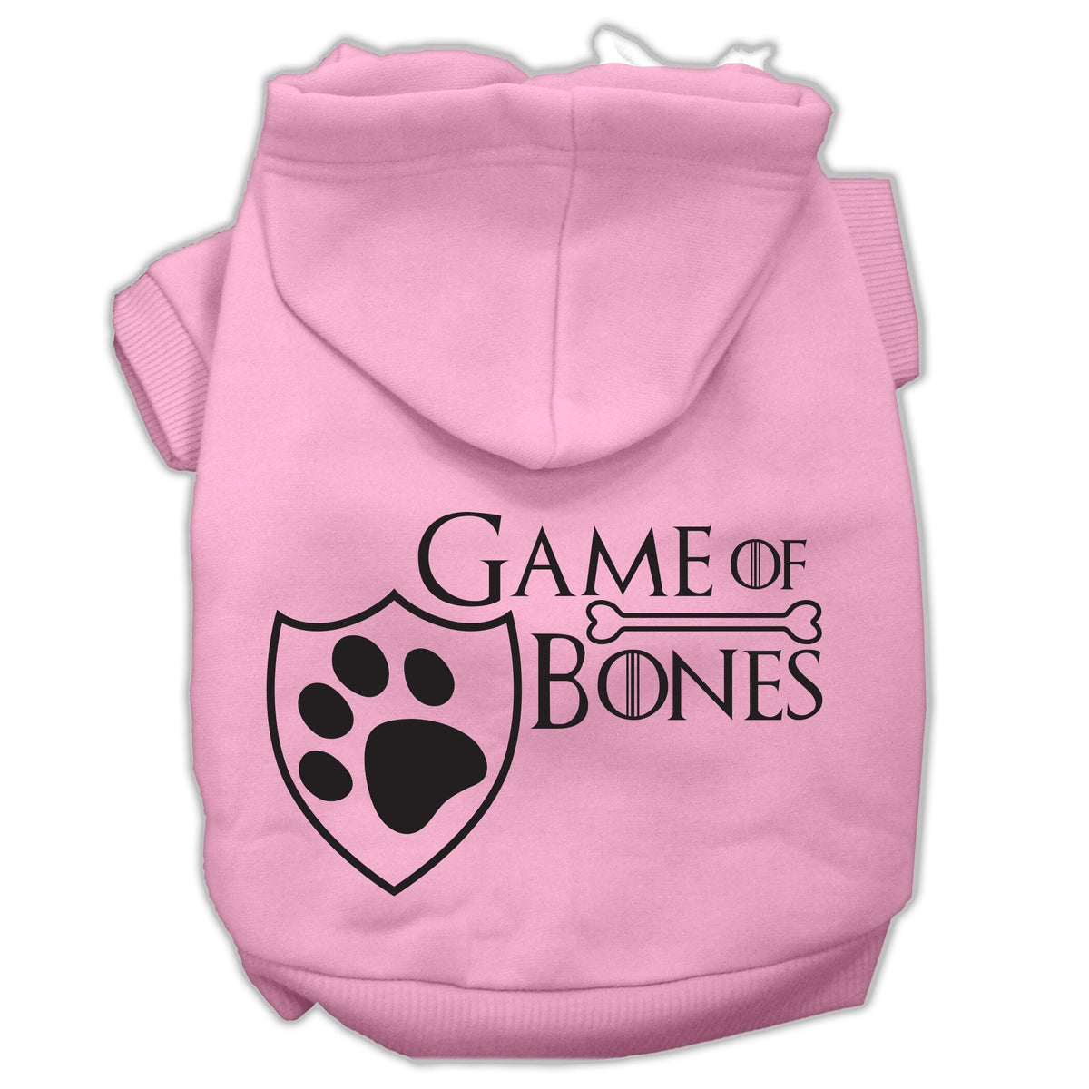 Light pink pet hoodie with Game of Bones paw shield logo graphic on chest.