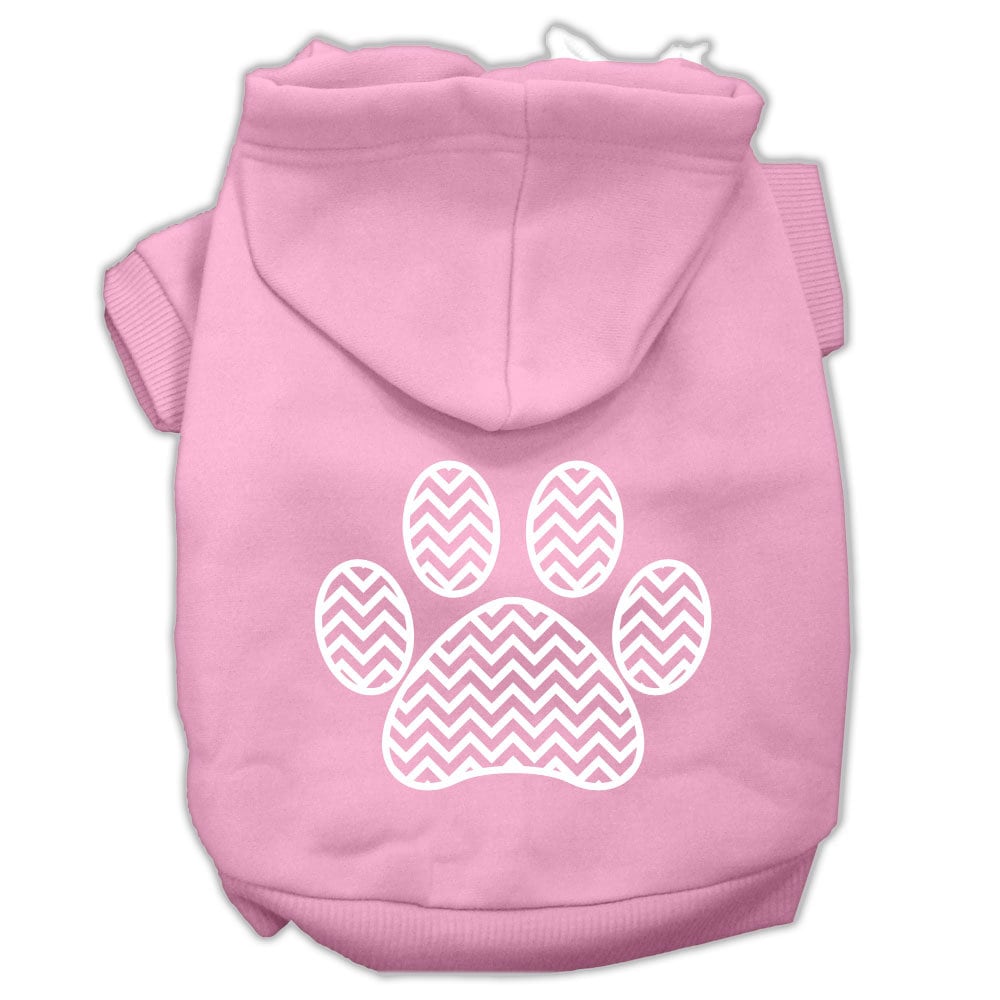 Light pink pet hoodie with hood and chevron paw print graphic on back