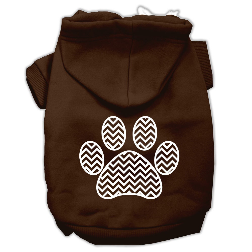 Brown pet hoodie with hood and chevron paw print graphic on back